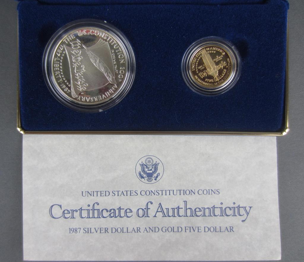 1987 US SILVER DOLLAR & GOLD FIVE DOLLAR COIN SET: "United States Constitution Coins", the silver dollar contains .76 troy oz. of pure silver, the gold five dollar coin contains .24 troy oz. of pure gold