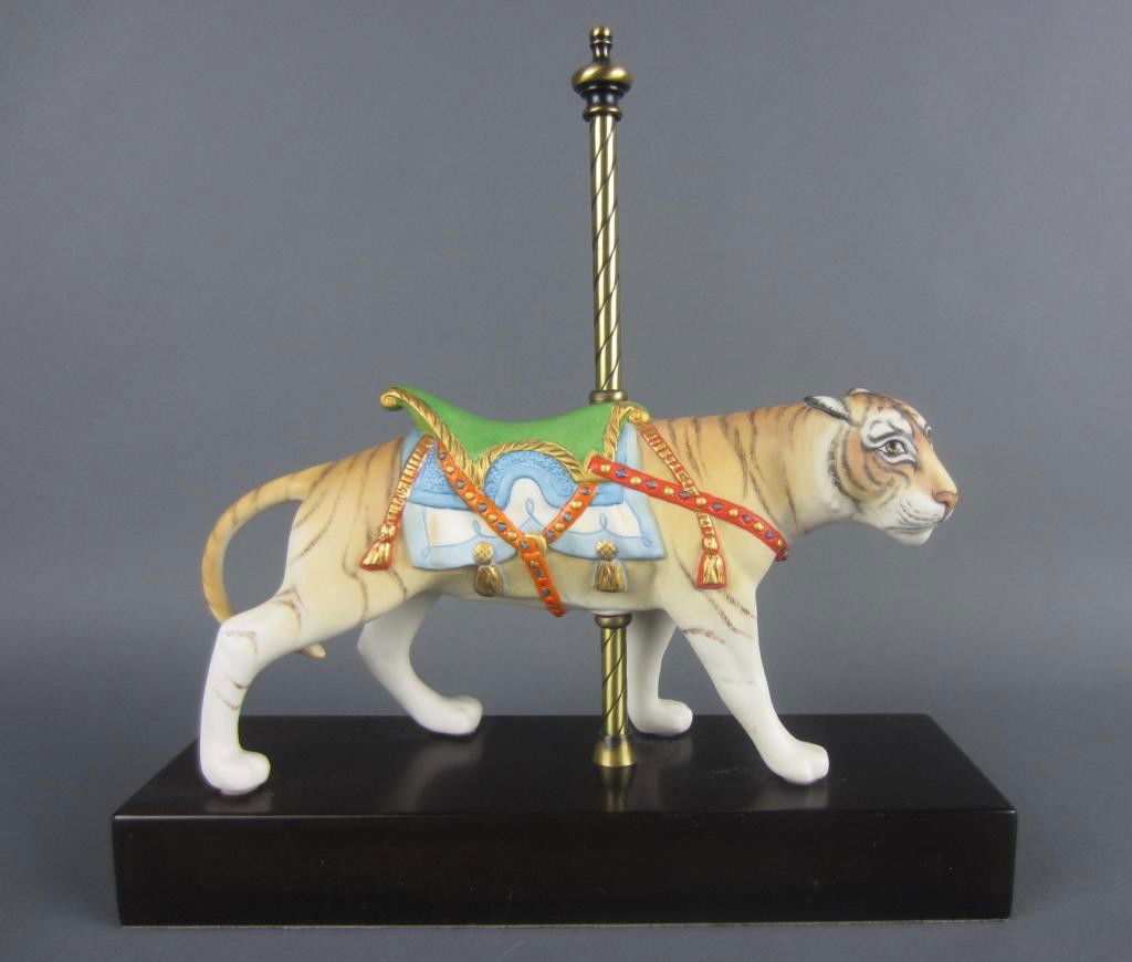 CYBIS PORCELAIN CAROUSEL TIGER: #298, on attached base, overall 12x12in.
