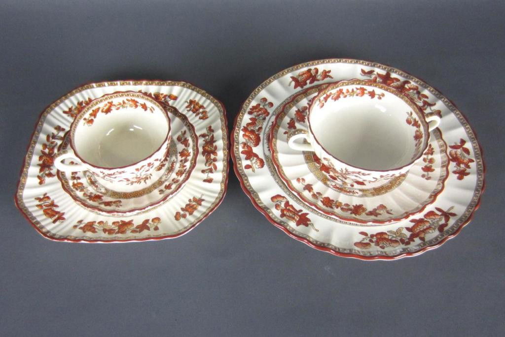 74-PIECE COPELAND SPODE INDIAN TREE CHINA: comprising 12 each dinner plates, cups and saucers, 11 cream soups with underplates, 7 square-form luncheon plates, 6 bread plates, a 13" round platter, sugar and creamer (some edge wear)