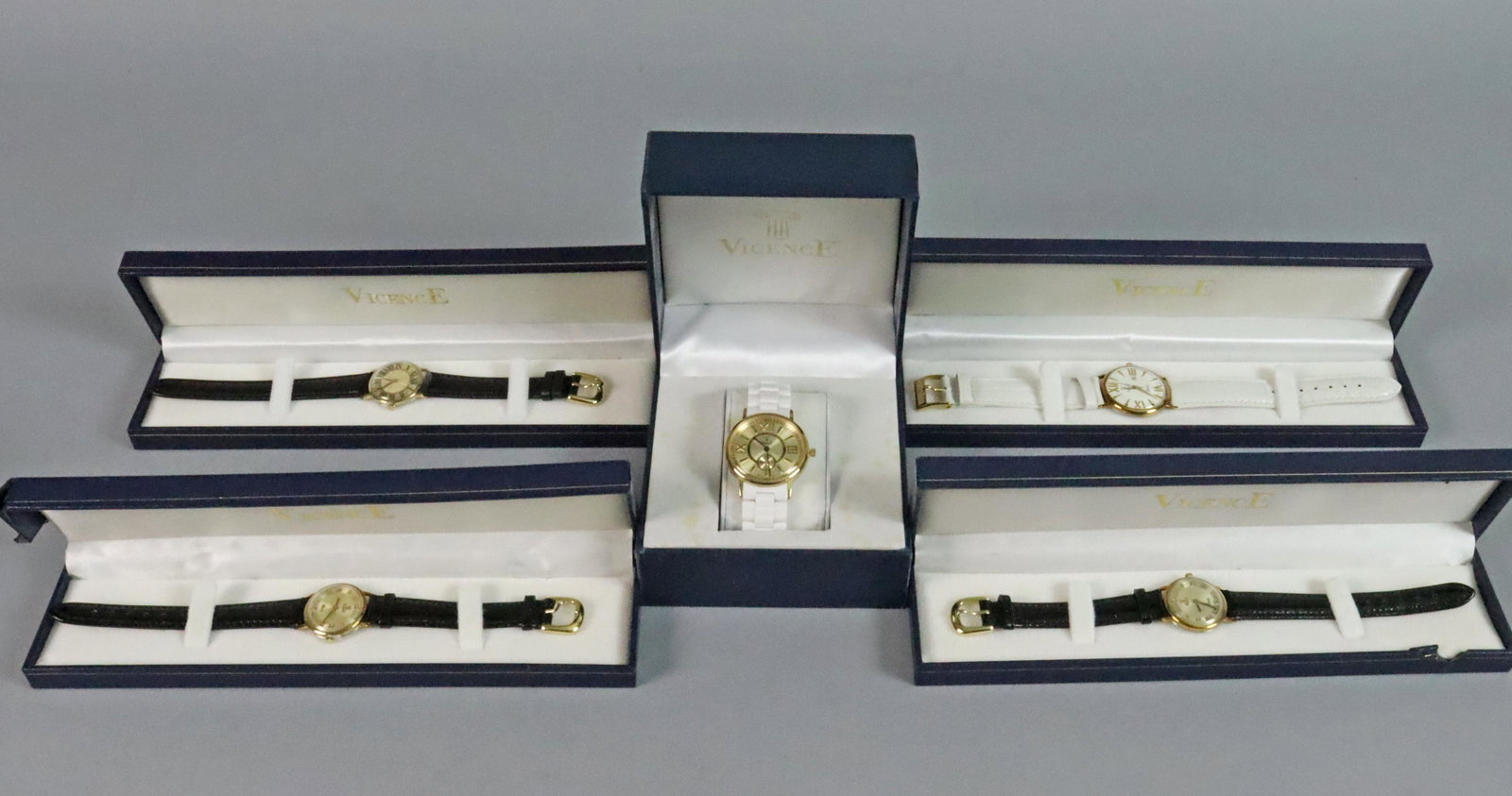 (5) LADIES VICENCE 14K & STAINLESS CASE WATCHES: (5) LADIES VICENCE 14K & STAINLESS CASE WATCHES each in 14K with stainless steel caseback, 4 with leather bands, one plastic, part of an estate collection mainly acquired through QVC, most in good or 
