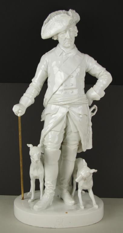FREDERICK THE GREAT - VOLKSTEDT PORCELAIN FIGURE: large Volkstedt Thuringian white porcelain figure of King Frederick the Great of Prussia, early 20th century, marked to the back pedestal with underglaze blue crowned monogram, after the original stat