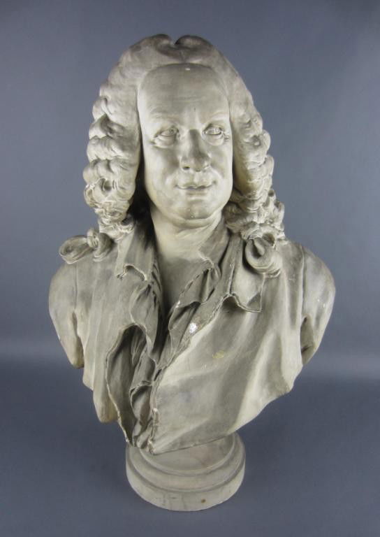 FRENCH PAINTED PLASTER BUST: likely that of Jean-Baptiste Lully, 17th century French composer, imbedded plaque on verso of bust reads "Musse de Sculpture/Pouzadoux (caster) Mouleur (moulder) au Trocadero", impressed marks read "J