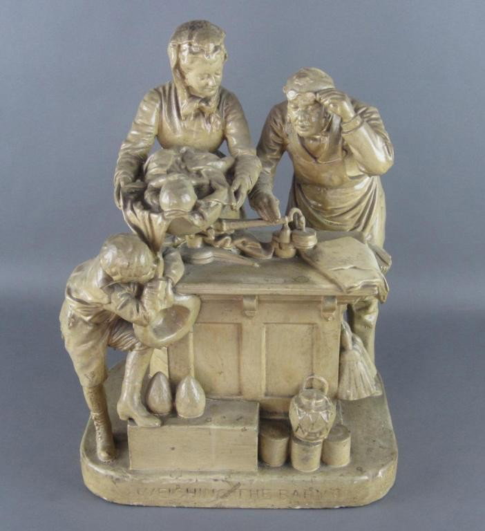 JOHN ROGERS PLASTER FIGURAL GROUP: "Weighing the Baby", in need of cleaning, minor chips, 21in. The Marino Collection