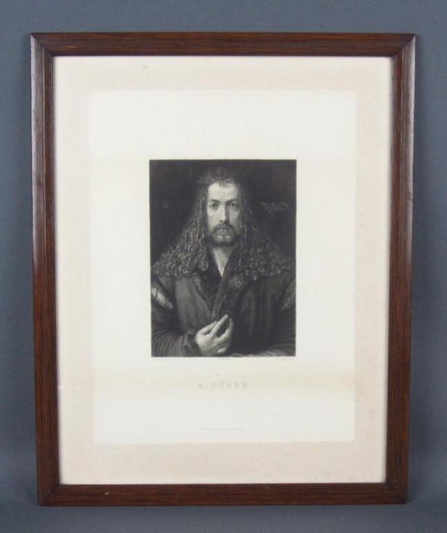 SELF PORTRAIT ENGRAVING AFTER ALBRECHT DURER: (German, 1471-1528), plate signed with artist's initials and date of 1500 at upper left, and Latin inscription at upper right, letterpress captions read "A. Durer pinx / Fr. Felsing imp / J.L. Raab sc