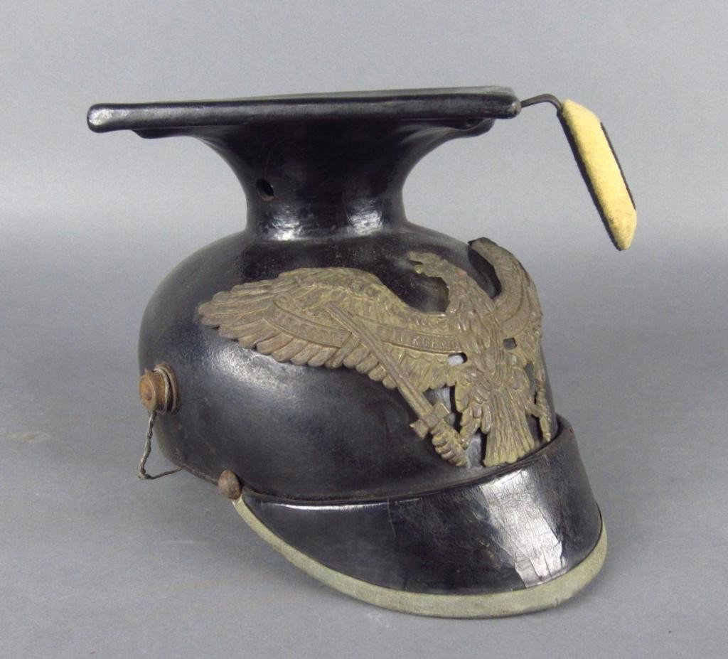 IMPERIAL PRUSSIAN STELLDERTRETTER HELMET: with large Prussian state eagle and mortar board, liner intact, leather with some wear and small chip otherwise in very good condition, no chin strap The Marino Collection