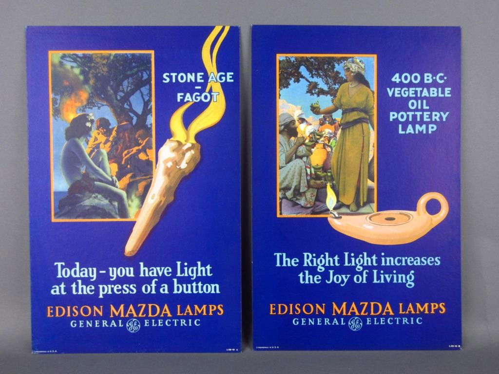 SET OF 8 GE EDISON MAZDA STAND UP COUNTER CARDS: offset color lithographs, likely a complete set with lithograph numbers ranging from L-29-10 A thru H, most artwork by Maxfield Parrish and Norman Rockwell, cards promote the purchase and use of the E