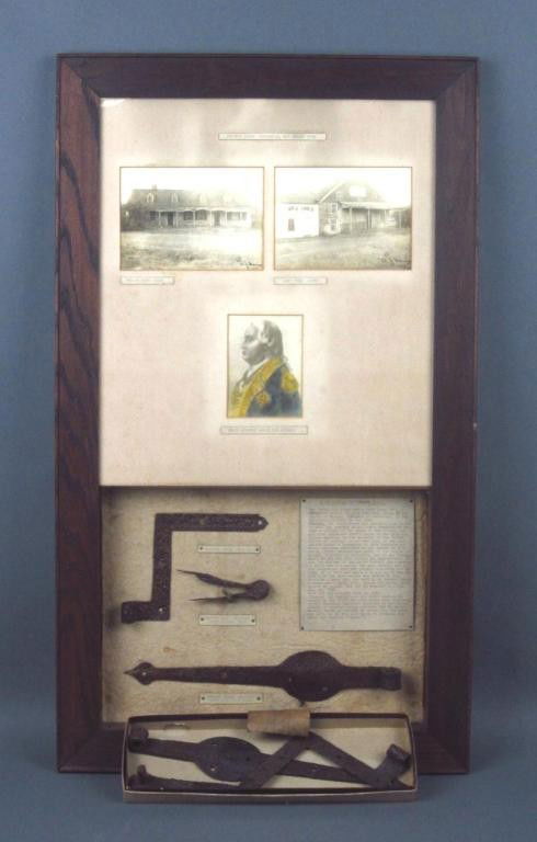 ARTIFACT DISPLAY FROM BARON VON STEUBEN HOUSE NJ: includes hand-made wrought iron shutter angle, hook and hinge from the original Steuben House of River Edge, New Jersey, c.1783, also photos of house, a picture of General Baron von Steuben, and a bri