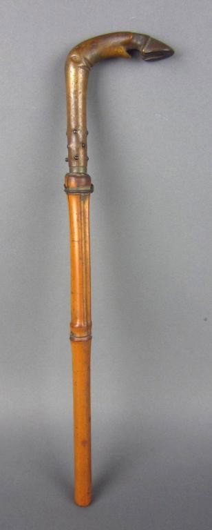 SHORT SWORD CANE WITH STAG HOOF HANDLE: bamboo sheath, overall 14in. The Marino Collection