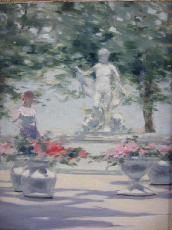 ANDRE GISSON (American, 1921-2003): "Park Scene with Figure, Flower Pots and Statuary", oil on canvas, signed lower right, 10x8in.