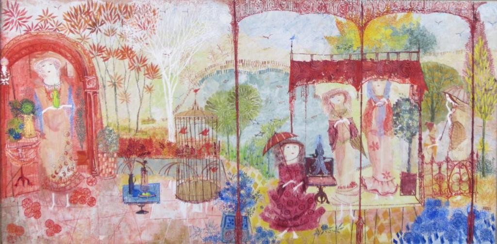 GERTRUDE RUSSELL BARRER (New York, 1921-1992): "Ladies in the Park", mixed media fresco, signed lower right, 24x48in.