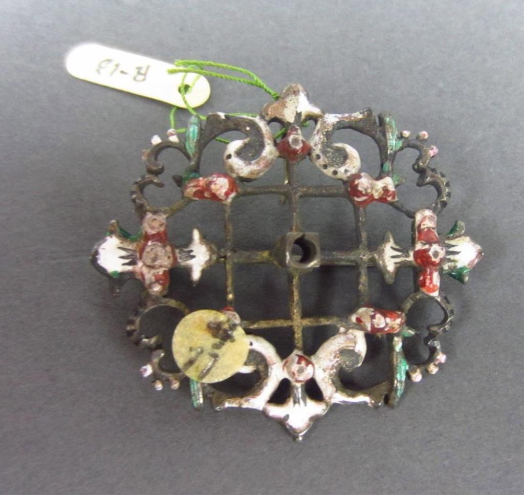 ENAMELED BROOCH, RUSSIA 1740: unusual of silver decorated with vari-colored enamel in Byzantine design, made in Russia about 1740, Olga Collection (1.75in.) The above description was taken from Mr. Marino's inventory of Imperial R