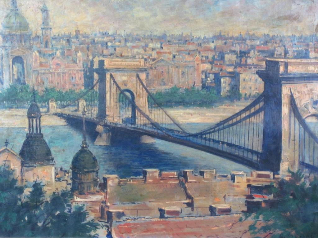 ARISZTID SZENDY (Hungarian, 1903-1972): "The Szechenyi Chain Bridge" in Budapest, oil on canvas, signed lower right A. Szendy, 24x30in.