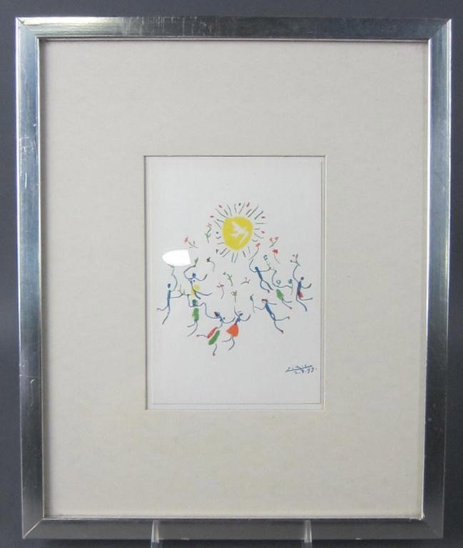 TWO LITHOGRAPHS AND AN ETCHING: including two color lithographs after Picasso "Mother and Child" and "La Ronde", both signed in the plate, largest 25x18in., and an etching with aquatint titled "A Fine Sunday", pencil signed illegibl