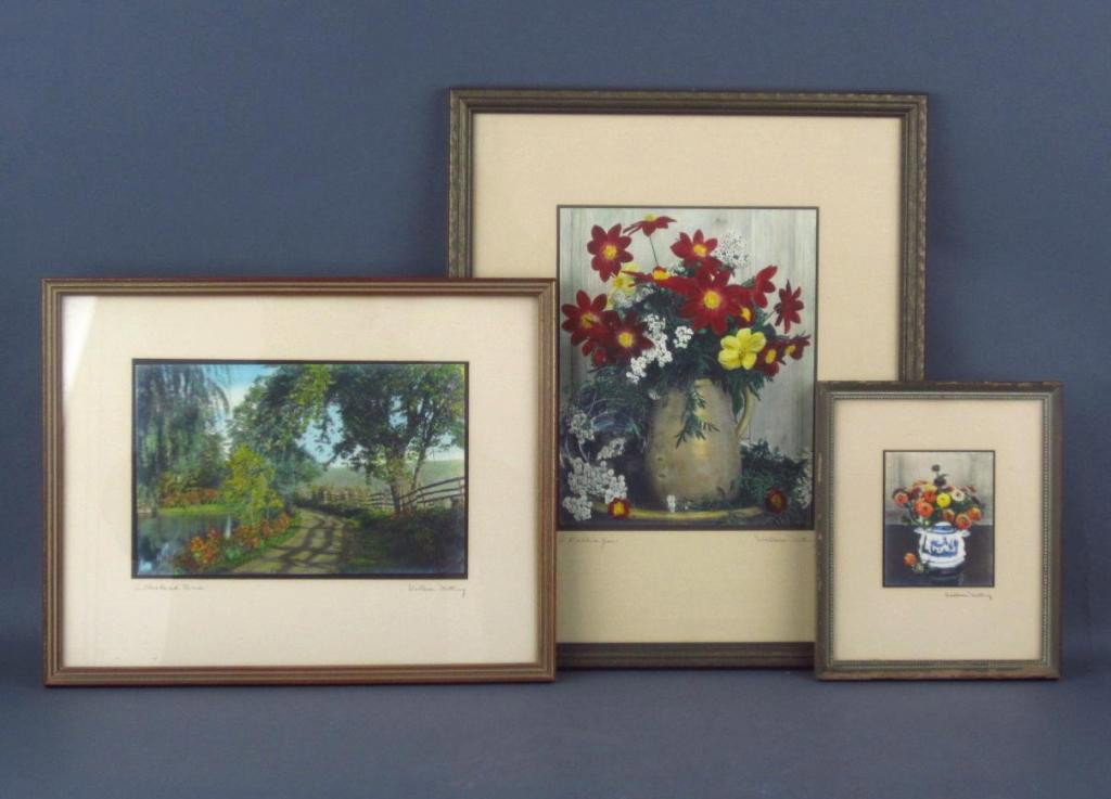 THREE WALLACE NUTTING HAND-TINTED PHOTOS: including "A Dahlia Jar, "A Checkered Road", and a small floral still life, largest 9x7in.