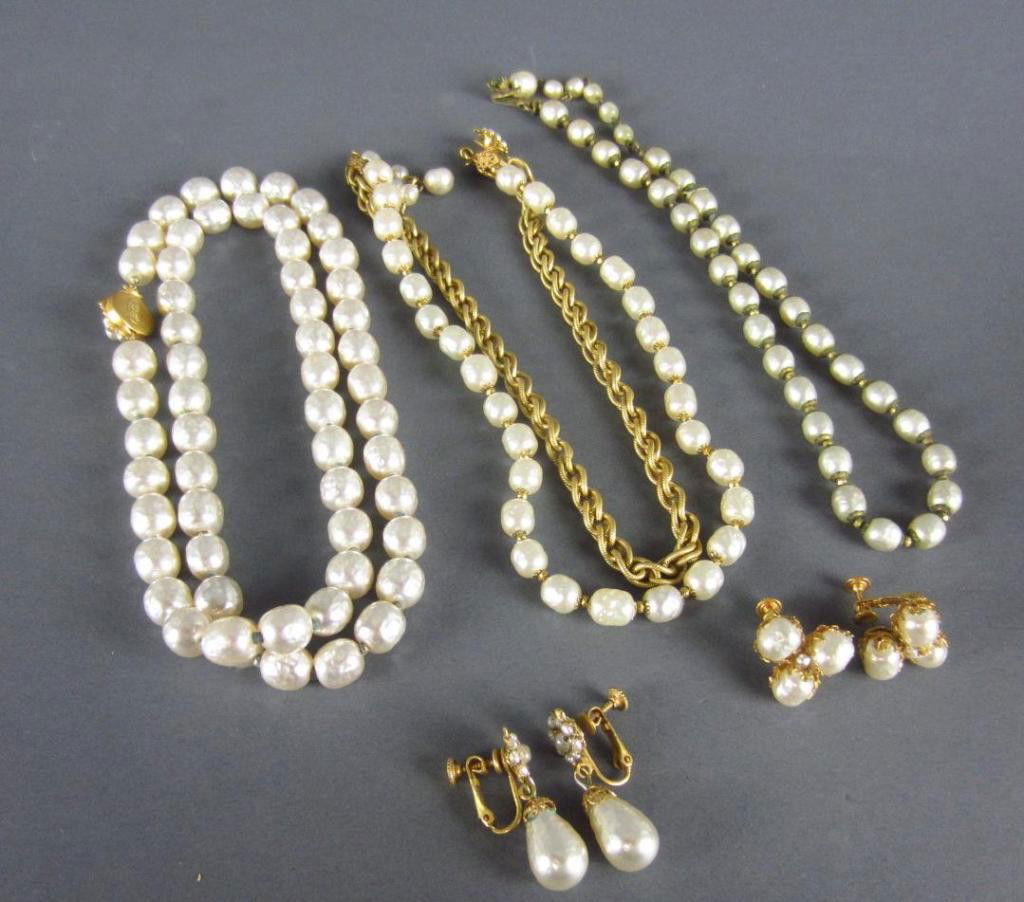 5-PIECE MIRIAM HASKELL BAROQUE PEARL JEWELRY GROUP: comprising a 26" necklace, a double strand with link-chain choker, a single strand choker (some wear), and two pairs of earclips, all signed
