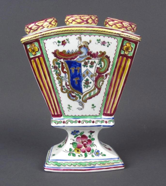 FRENCH FAIENCE BOUGH VASE: with hand-painted coat of arms and floral decoration, underside with "H" mark, pedestal base, c.1900, 7in. The Marino Collection