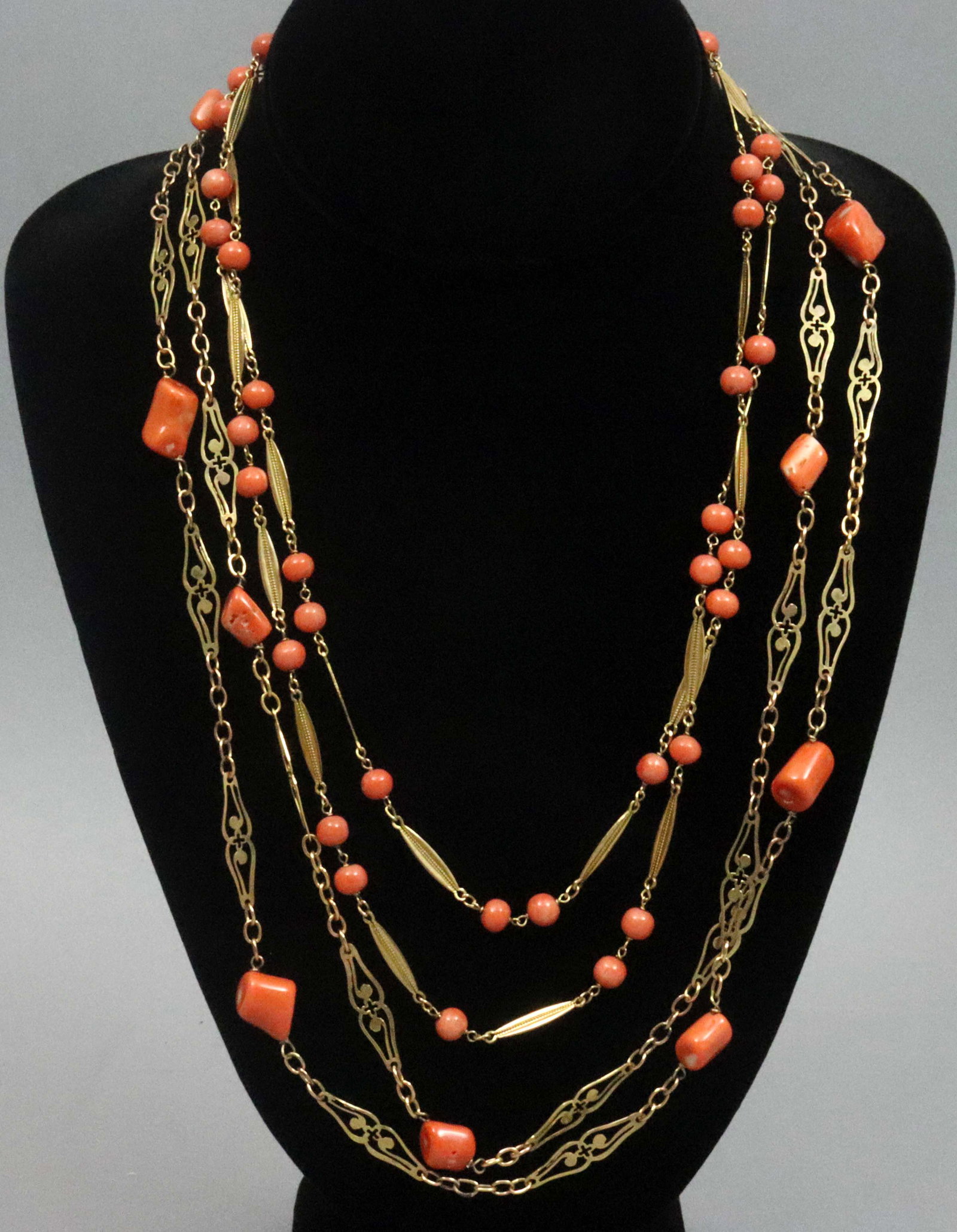 (2) VINTAGE GOLD CORAL LONG LINK NECKLACES (1 of 5)