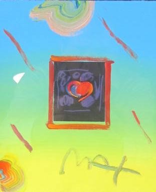 PETER MAX MIXED MEDIA W/PRESENTATION DRAWING VERSO: Peter Max (American, 1937-), "Heart", mixed media collage with acrylic over lithography, signed, verso with portrait drawing and presentation inscription to current owner reading: "Bridgette & Jeff /