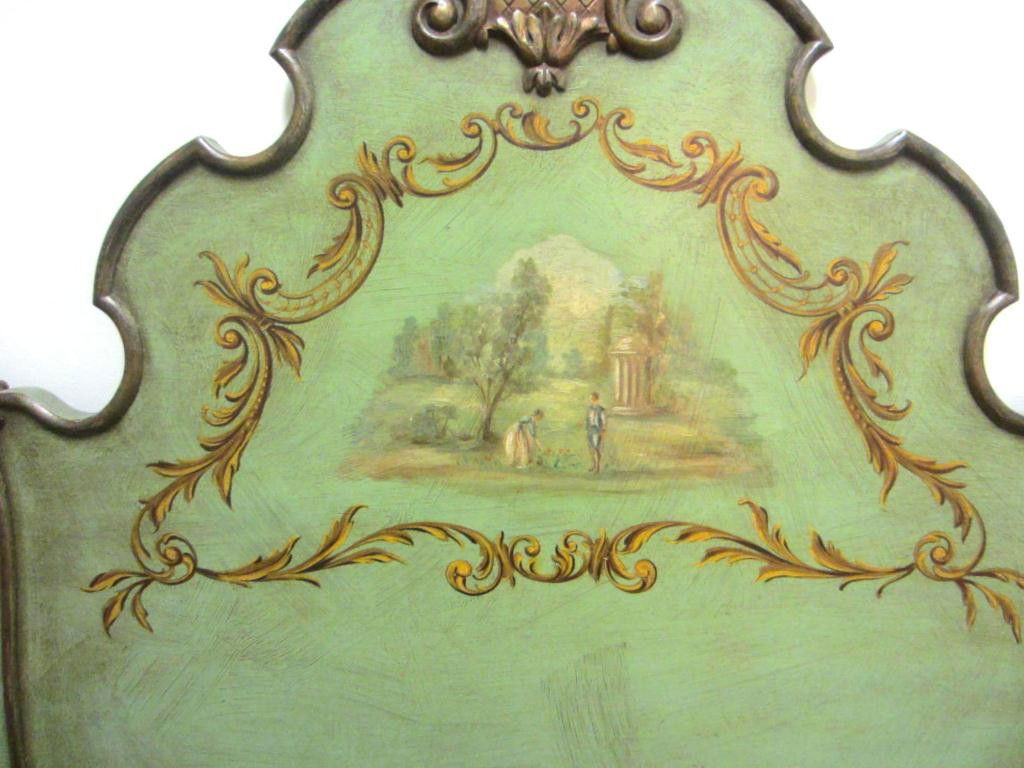 GREEN-PAINTED FRENCH-STYLE TWIN BED: including a headboard with gold-painted floral crest and courting couple scenic, 53x44in., footboard, 26x44in., and side rails