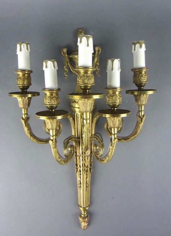 ITALIAN 5-LIGHT BRASS WALL SCONCE: urn and drape crest with flame finial, purchased in Florence, Italy, 1982, height 21in.