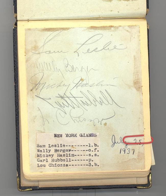 FRANKLYN L. LITSKYS AUTOGRAPH BOOK: containing 80+ autographs, primarily sports figures including NY Giants baseball players Carl Hubbell, Mickey Haslin and others, NY Yankees Aaron Robinson, Bill Johnson, John Pezzullo and more, also i