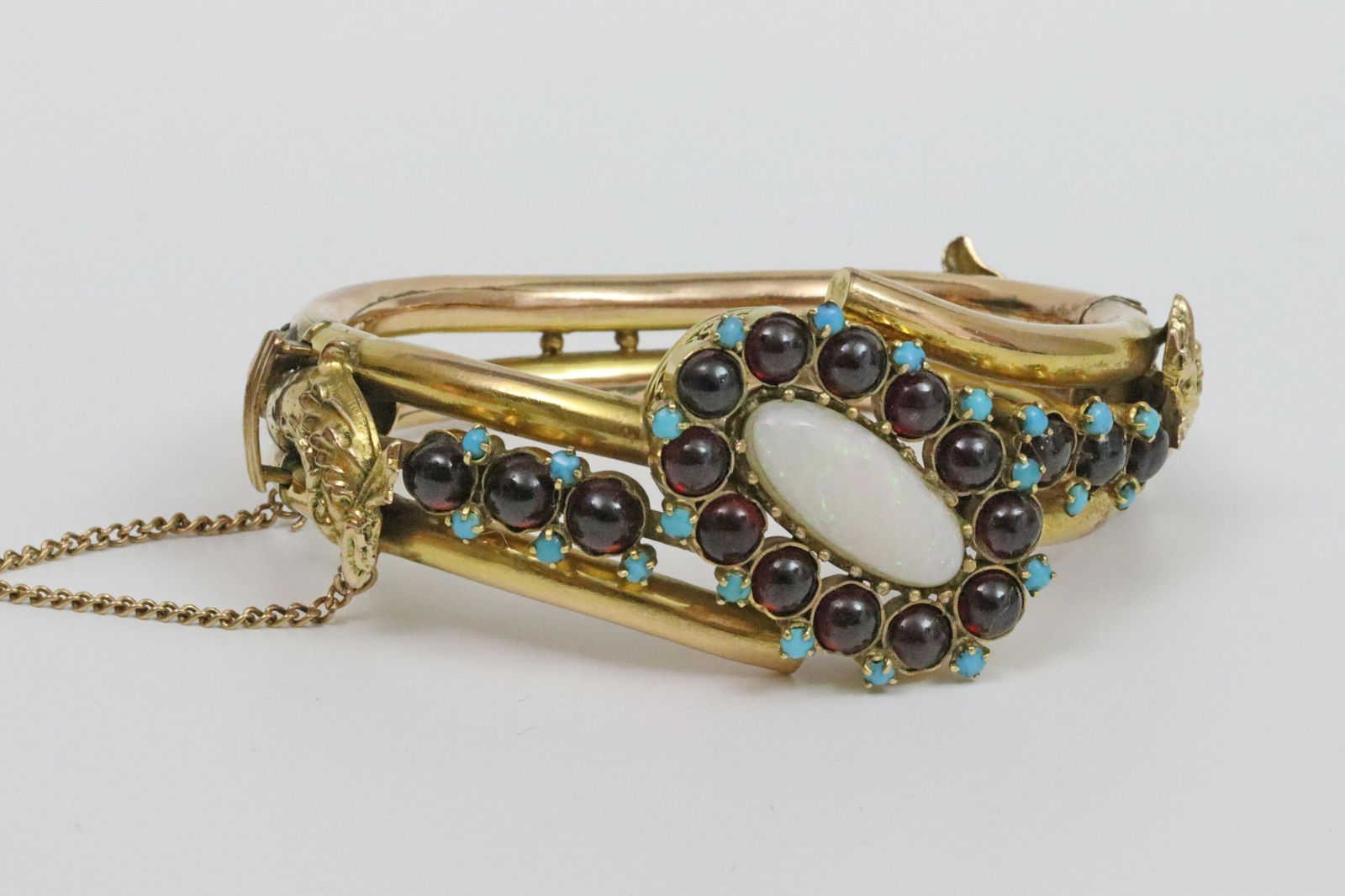 14K OPAL, GARNET & TURQUOISE BANGLE BRACELET (1 of 7)
