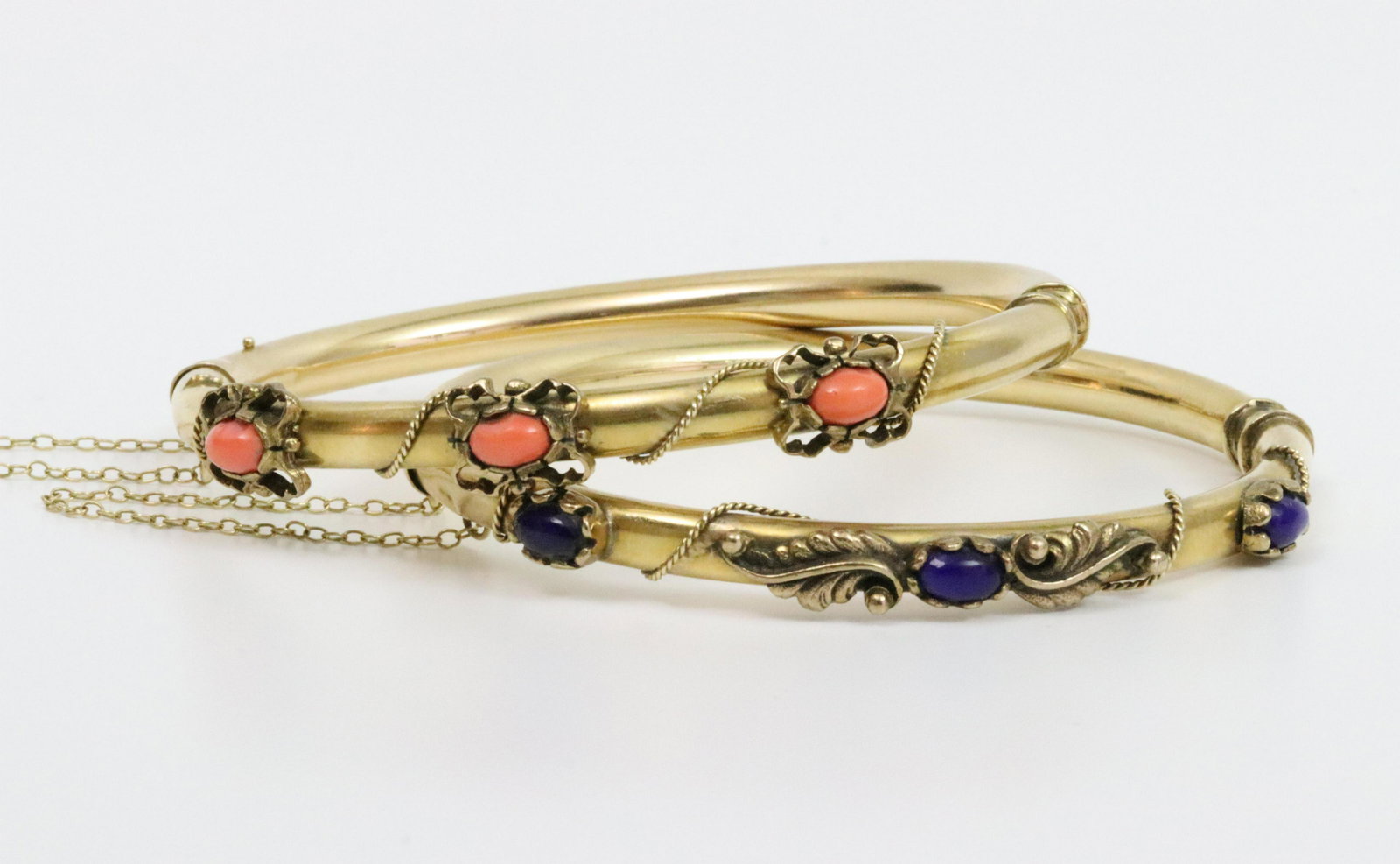 (2) 14K HINGED BANGLE BRACELETS – CORAL & LAPIS (1 of 7)