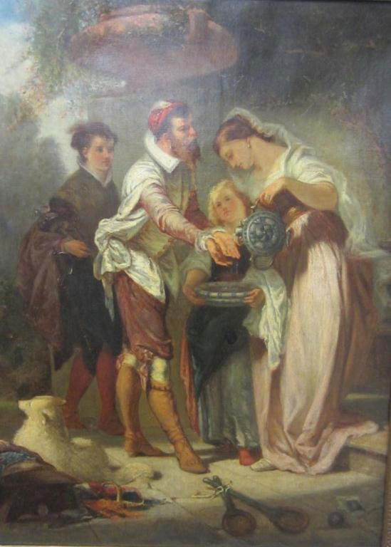 GENRE SCENE WOMAN WITH WATERING JUG, 19TH CENTURY: oil on canvas, depicting four figures and a dog in a courtyard, signed at lower right “T.N. 1859”, exhibiting restoration particularly to bottom edge, professional mounting to the reverse, later g