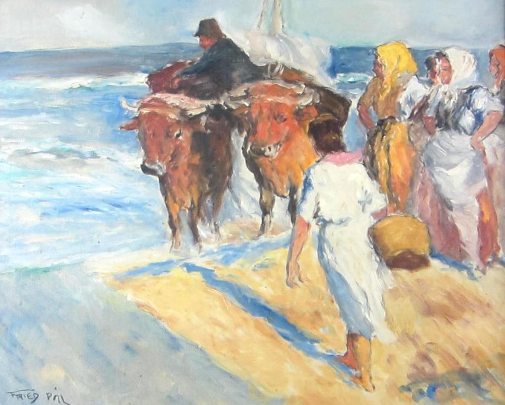 PAL FRIED (New York / Hungary, 1893-1976): "Figures with Oxen", oil on canvas, signed lower left, 24x30in.