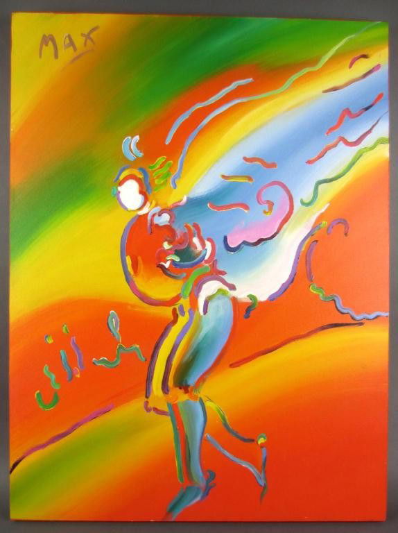 PETER MAX (American, 1937-): "Moving Figure", acrylic on canvas, 40x30in.
