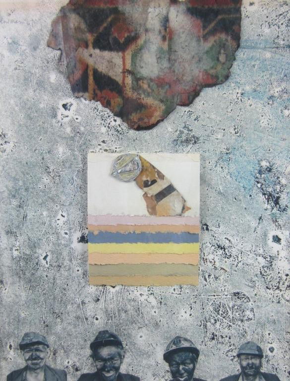 KARL MANN (New York, 20thC.): "Coal Miners", a surreal assemblage of a mixed media collage, signed and dated 1967 upper left, 18x14in.
