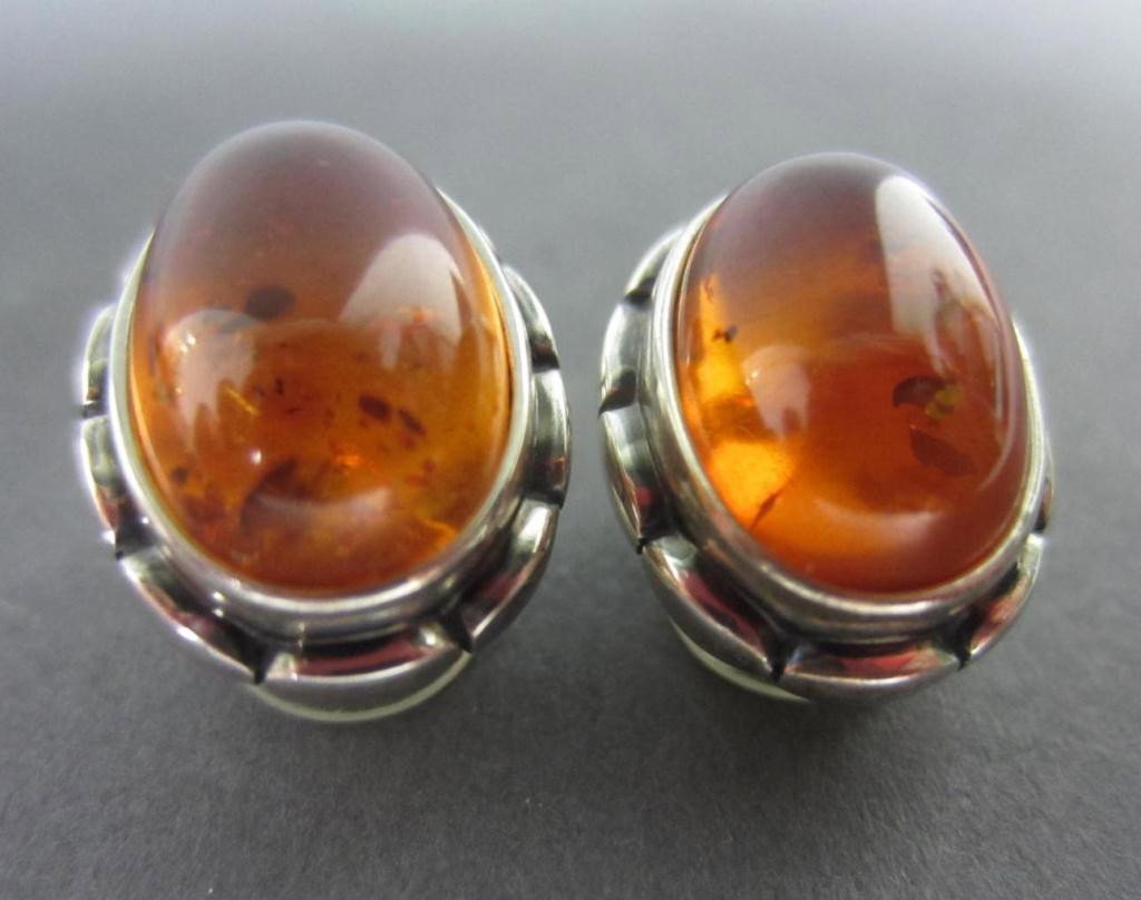 GEORG JENSEN STERLING & AMBER EARCLIPS: marked Georg Jensen 2001 / 925 S, in original box