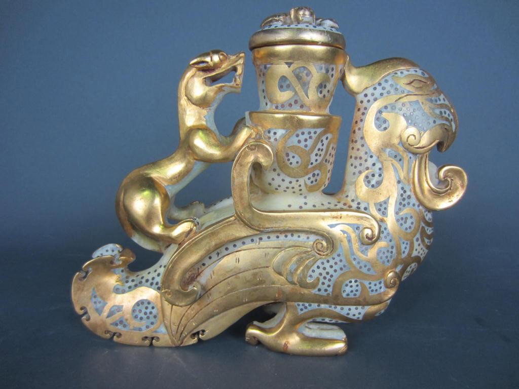 GILT-PAINTED PHOENIX & TIGER LIDDED VESSEL: likely soapstone, 8.5x10in.