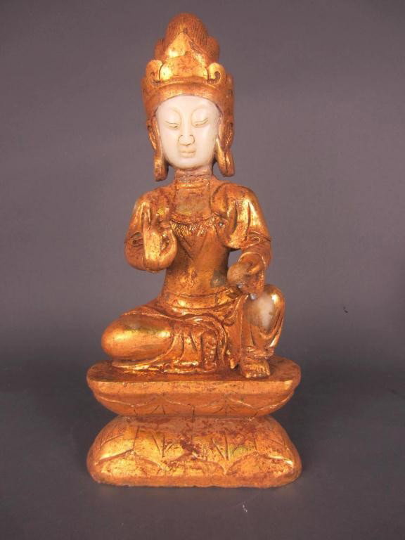 GILT-PAINTED BUDDHA OF LARGE SIZE: likely soapstone, two fingers missing, 18in.