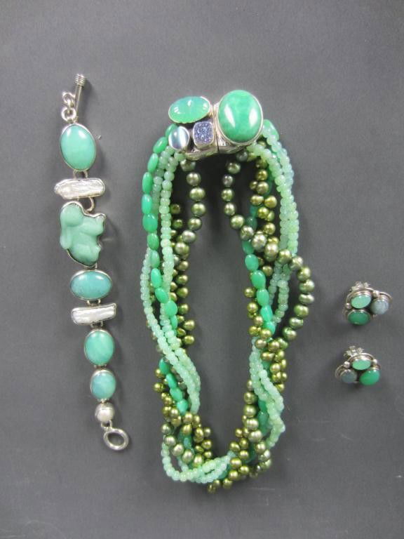 AMY KAHN RUSSELL JEWELRY GROUP: comprising an unsigned beaded necklace, a signed bracelet, and a pair of signed earclips, materials include sterling, jade, druzy, moonstone, and baroque pearls