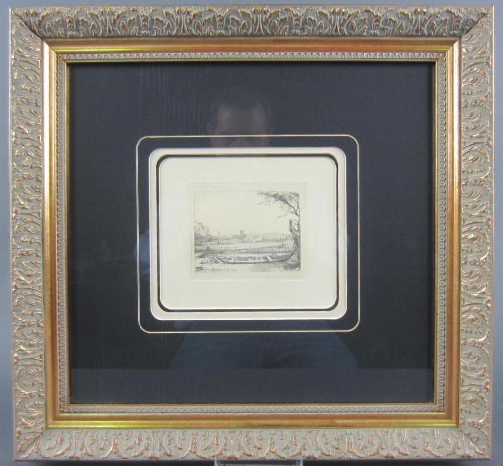 THREE ETCHINGS AFTER REMBRANDT, BY A. DURAND: including "Goldweigher", 9x8in., "Omval", 7x9in., and "Canal with Large Boat", 3x4in., all in complimentary giltwood frames, each with label of Ross Galleries, Holbrook, New York
