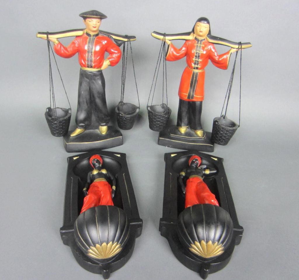 2 PAIRS OF DECO CERAMICS BY ALEXANDER BACKER-ABCO: including a Blackamoor couple figural wall sconces, and an Asian couple figural basket carriers, both sets marked Alexander Backer Co, tallest 14in.
