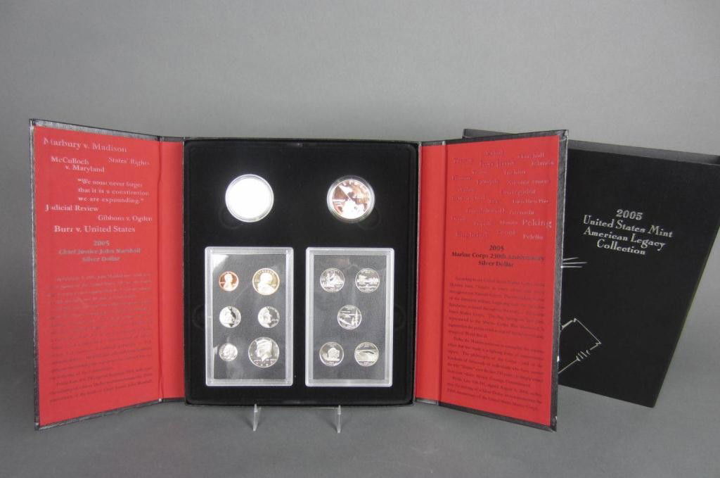 2005 US MINT AMERICAN LEGACY COLLECTION PROOF SET: 13 coins with original packaging, including Chief Justice John Marshall and Marine Corps silver dollars, five state quarter set, and a six-piece proof set
