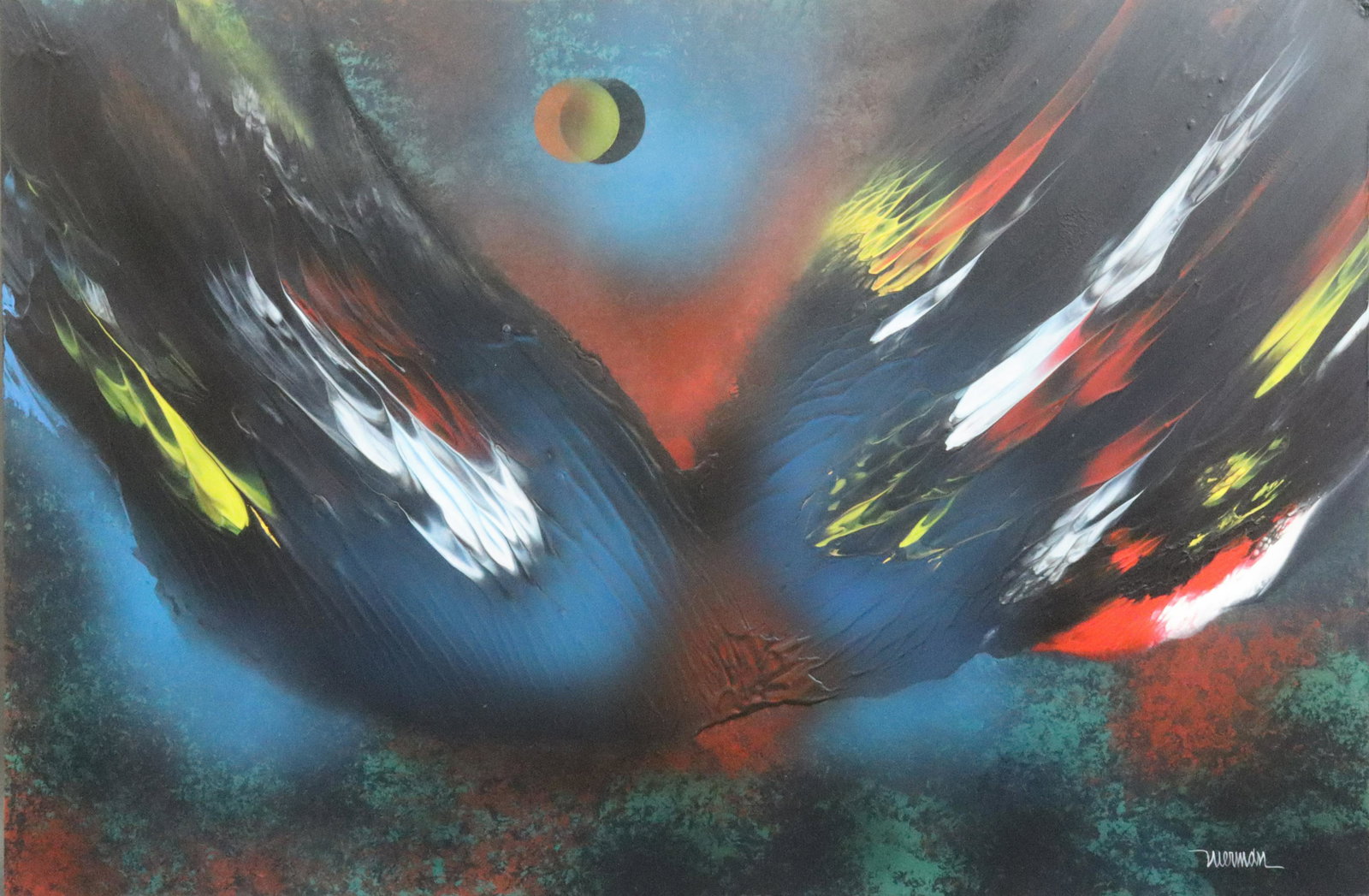 LEONARDO NIERMAN (New York / Mexico, b.1932): "Fantasia 2003", oil and mixed media on Masonite, signed 'Nierman' (lower right), signed, titled and dated verso, aluminum frame mount verso, overall good condition, 20.5x31in., Opening Bid $500