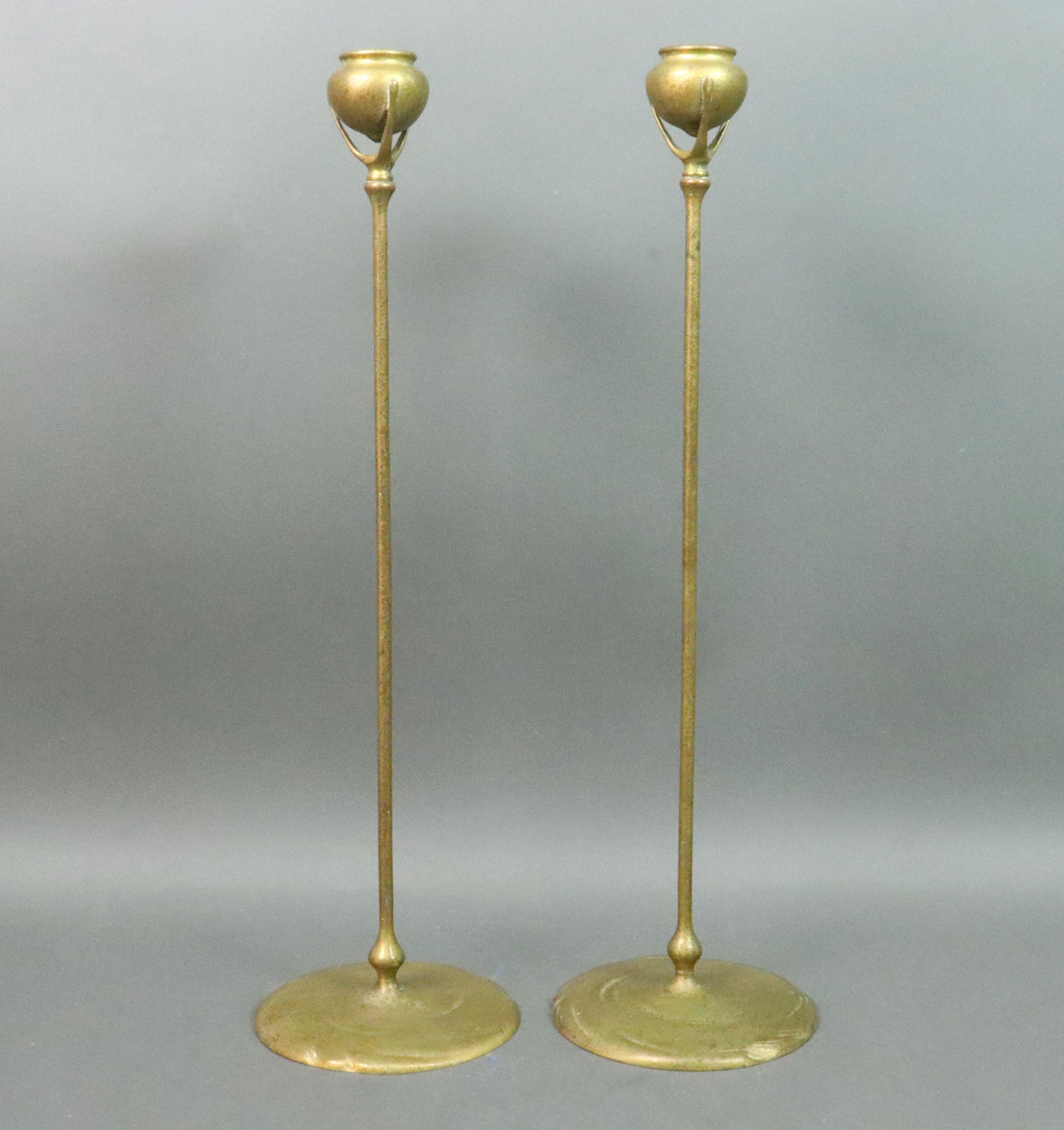 PAIR TIFFANY DORE BRONZE CANDLESTICKS, 20IN. (1 of 4)