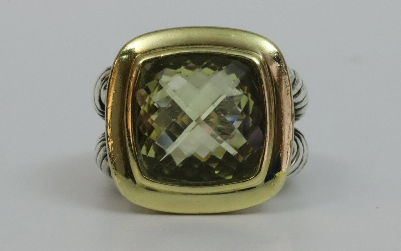 DAVID YURMAN 925 / 750 ALBION CITRINE RING: set with a cushion cut (13x13mm) citrine stone, overall ring head 20x20mm, stamped 'D.Y. 925 750', (mild gold scratches), size 7.5, 18.5gms.