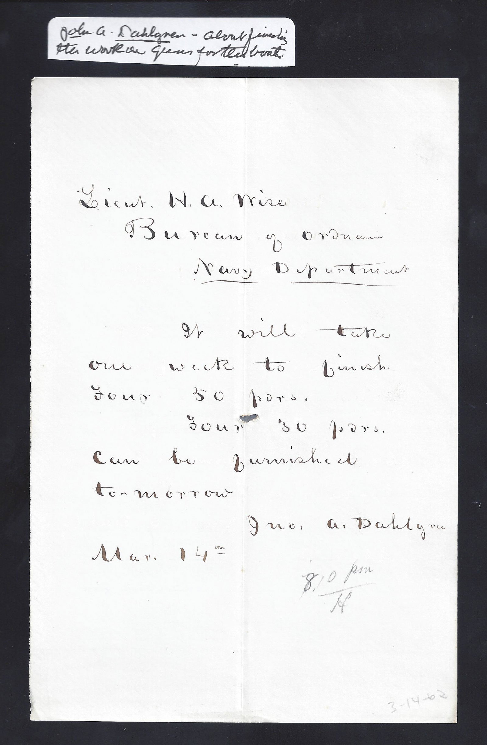 [CIVIL WAR] 6 DAHLGREN LETTERS, EPHEMERA & MORE: 100+ civil war and civil war era letters, documents and other ephemera, in 2 binders, including 6 (March 1862) signed letters of Rear Admiral John Dahlgren (inventor of navy guns) mainly concerning gu