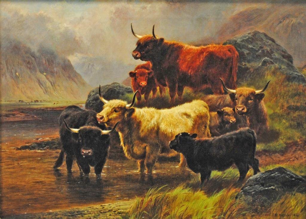 WILLIAM WATSON (British, 1831-1921): Highland Cattle at a Loch, oil on canvas, signed and dated 1884 at lower right, 16x22in.