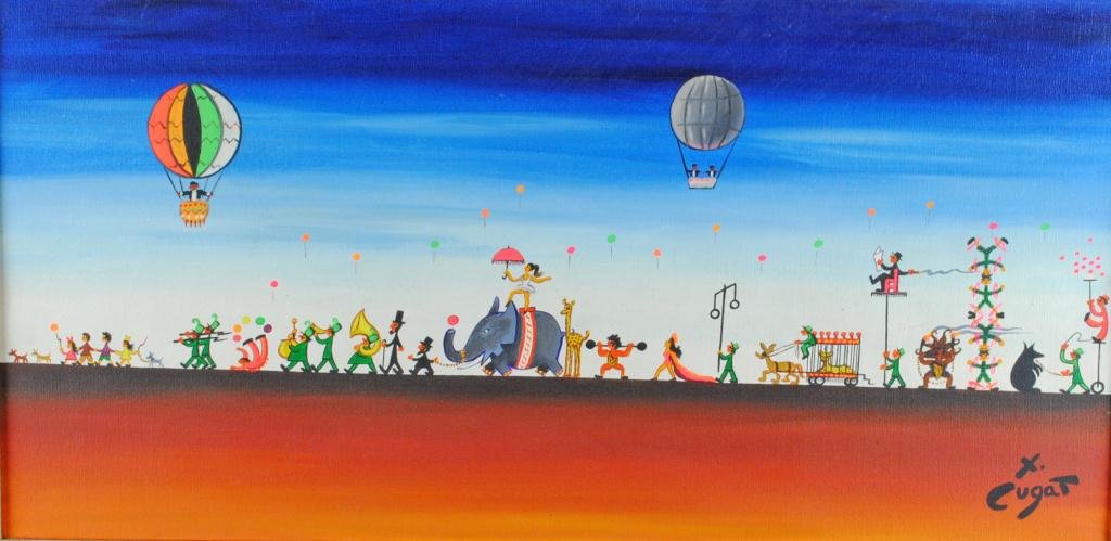 XAVIER CUGAT (Spanish/American, 1900-1990): Circus Parade, oil on canvas, signed lower right, 15x30in.