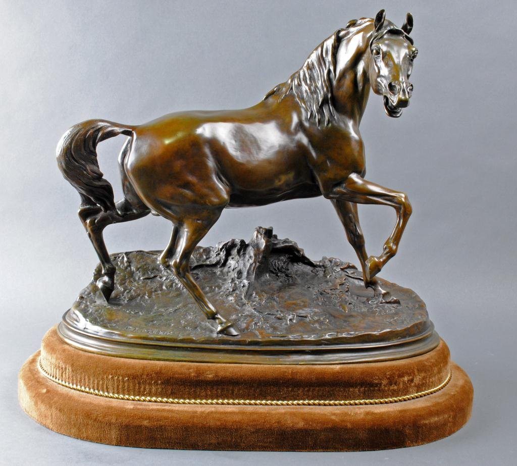 AFTER PIERRE JULES MENE (French, 1810-1879): Stallion, bronze, signed P.J. Mene, 15x19in.
