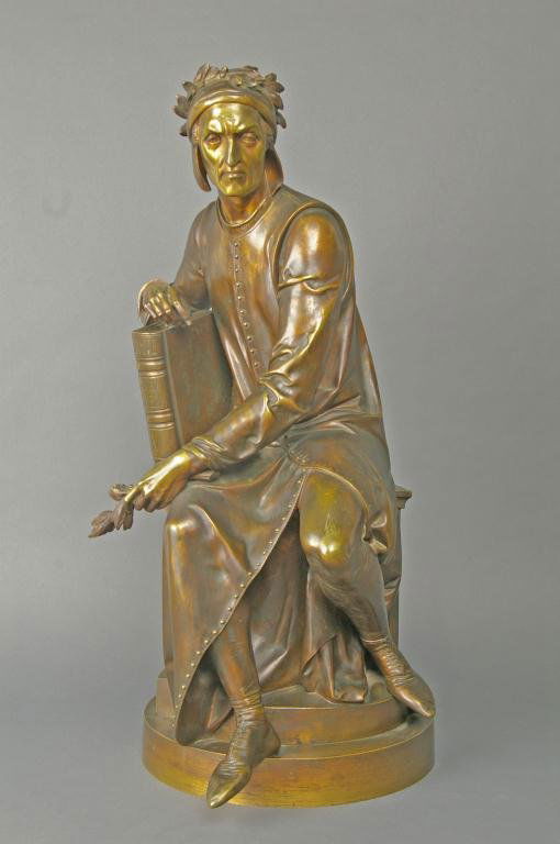 ALBERT ERNEST CARRIER-BELLEUSE (French, 1824-1887): Dante Alighieri, bronze, depicted seated and leaning on a volume of his Divina Comedia, holding an olive branch, brown and green patina, signed "Carrier 1856", 26in.