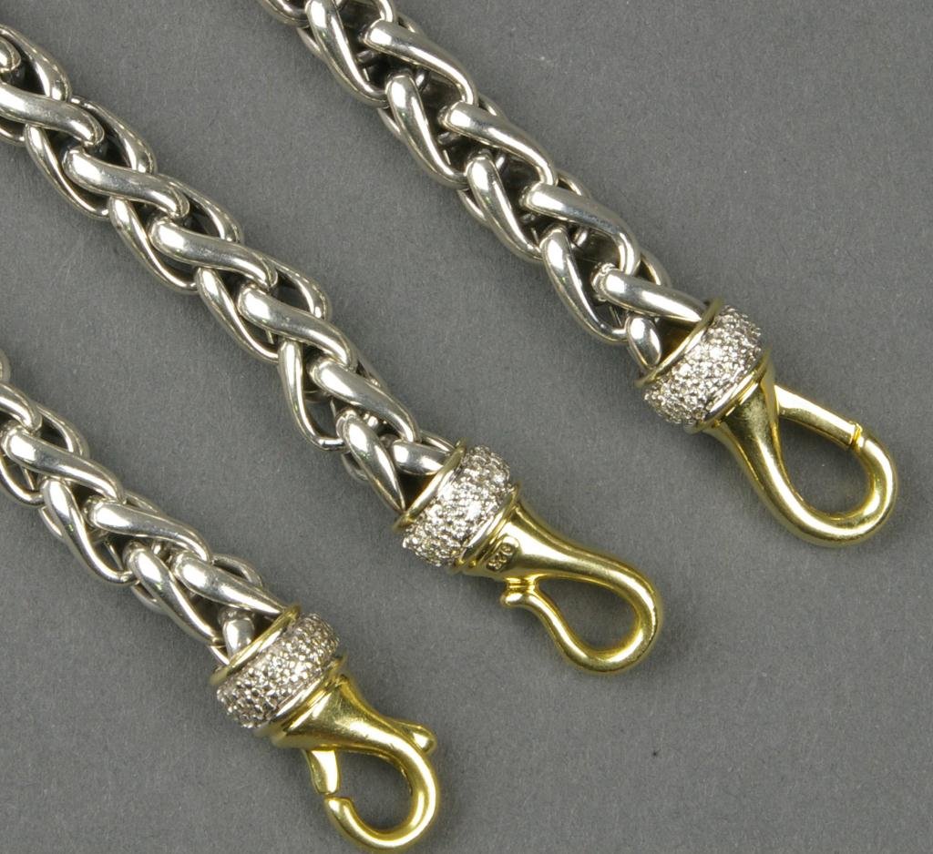DAVID YURMAN ICE COLLECTION NECKLACE & BRACELET: including a matching sterling chain necklace and bracelet, each with diamond embellished 18K yellow gold clasps, both marked "925 / DY / 750", 4.5ozs.