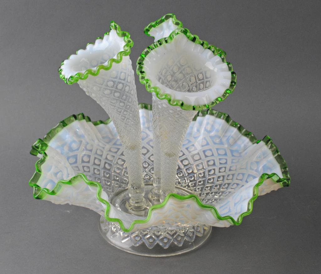 OPALESCENT GLASS EPERGNE: in green trim, 11in.