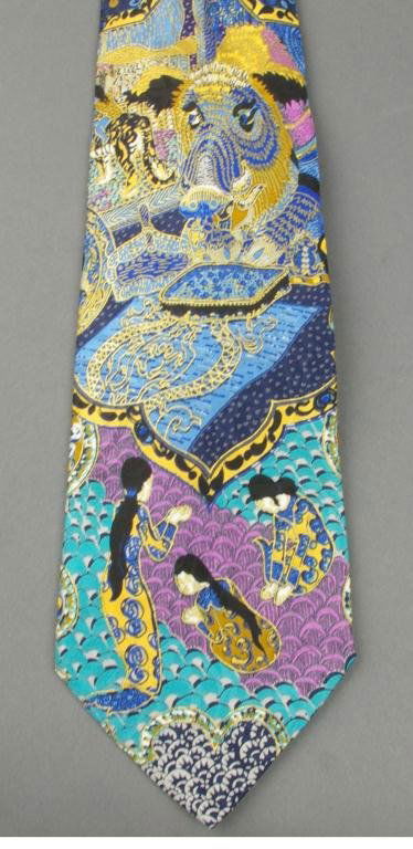BRIONI FIGURAL ASIAN PATTERN SILK TIE: in blue, green, purple and golden tones