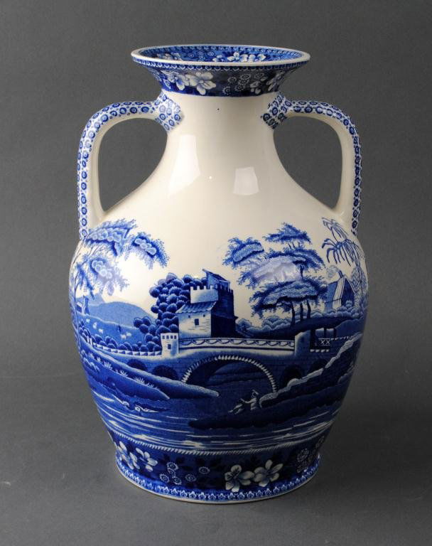 SPODE BLUE TOWER DOUBLE-HANDLED VASE: transfer-decorated, 11in.